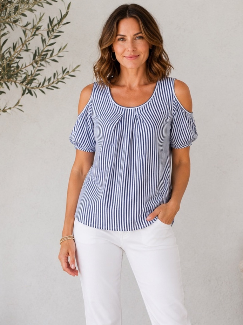 Max Studio Striped Cold Shoulder Top 1X Blue White